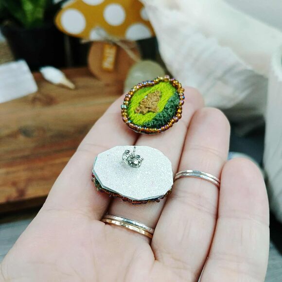Avocado Beaded Embroidered Studs, Handmade OOAK Artisan Foody - Picture 4 of 4